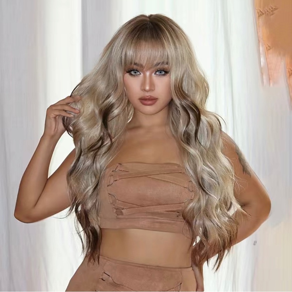 - Human hair blend platinum blonde with brown highlights wig